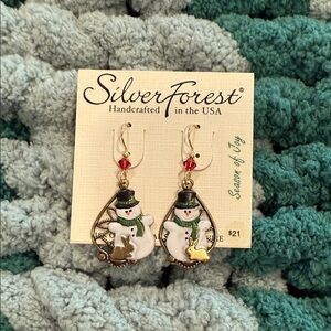 Silver Forest Festive Snowman Earrings with Gold and Red